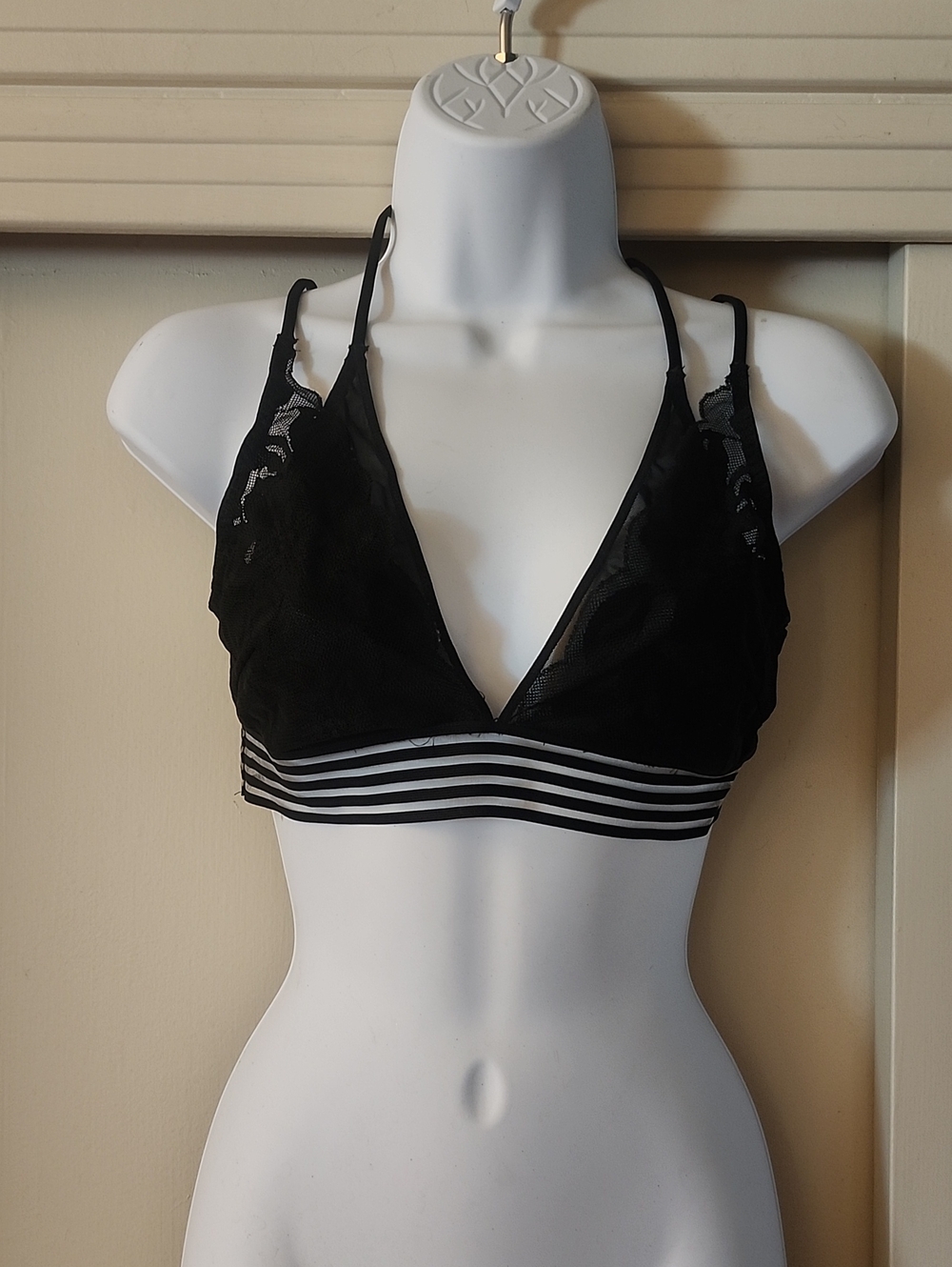 Pink Black Lace Bralette with Striped Band Medium